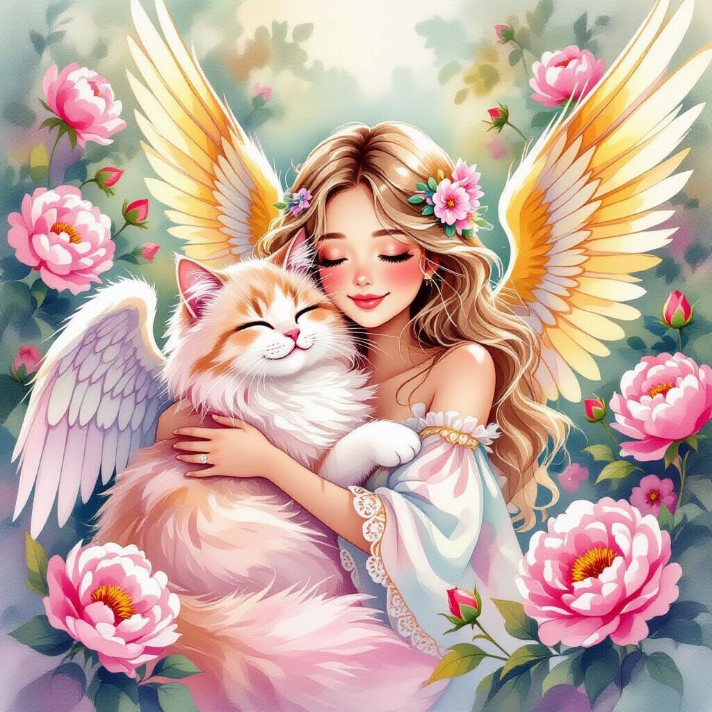 Angel and Winged Cat Cuddle in Peony Garden