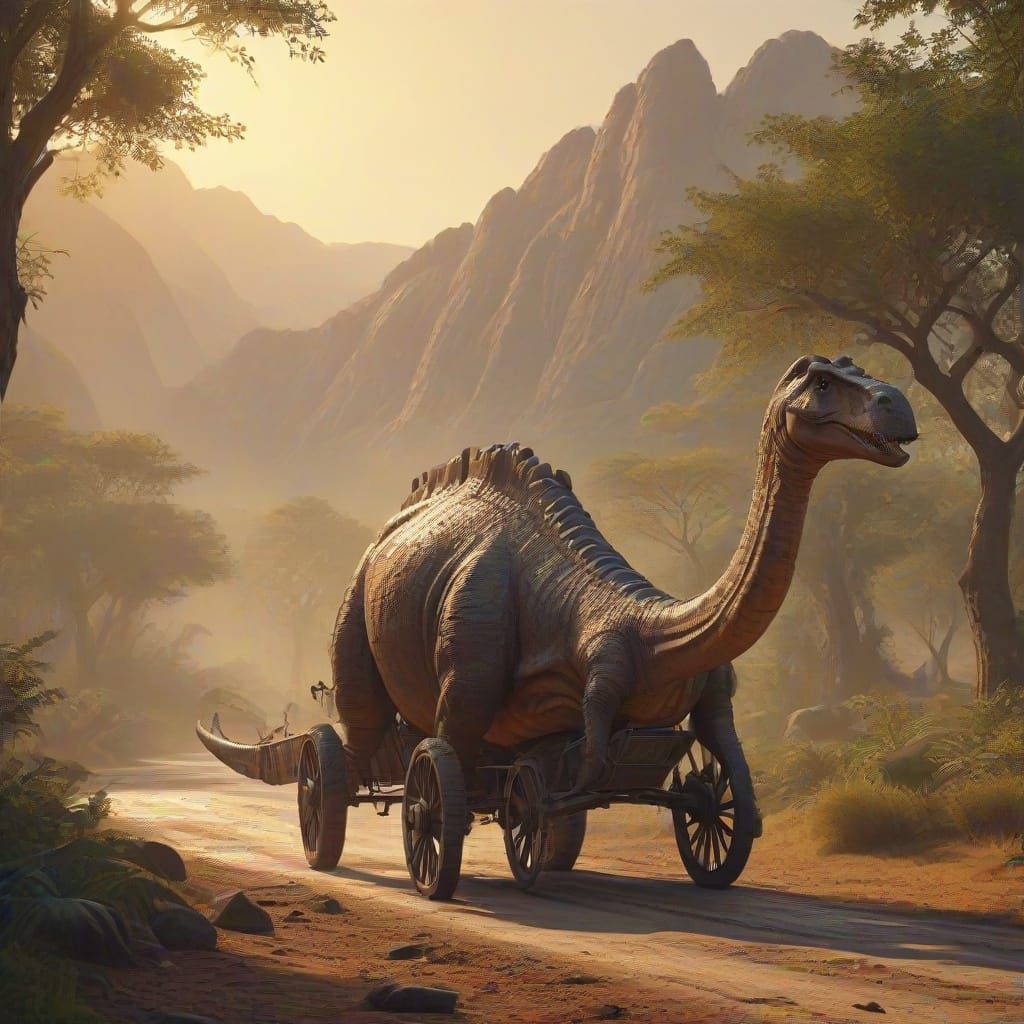 Brontosaurus Pulls Cart in Prehistoric Scene