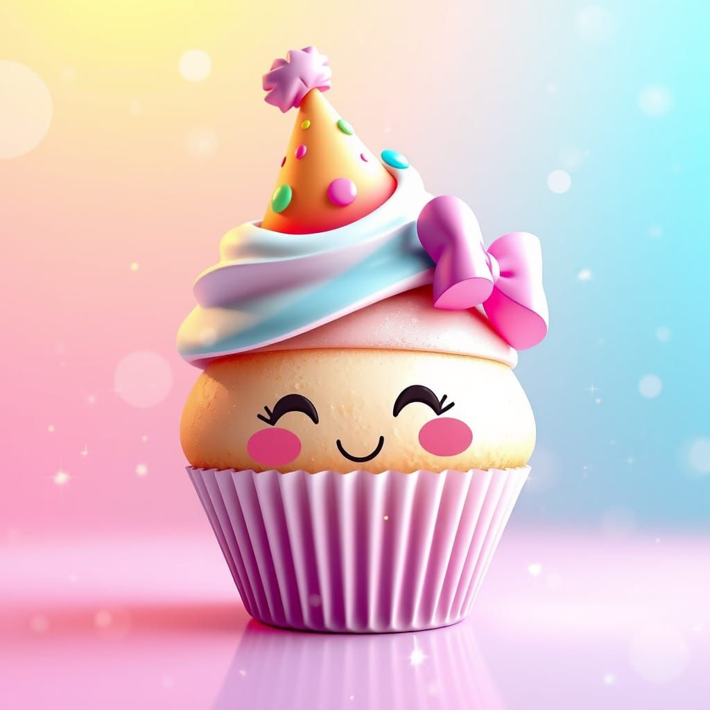 Whimsical Cupcake with Party Hat in Digital Art Style