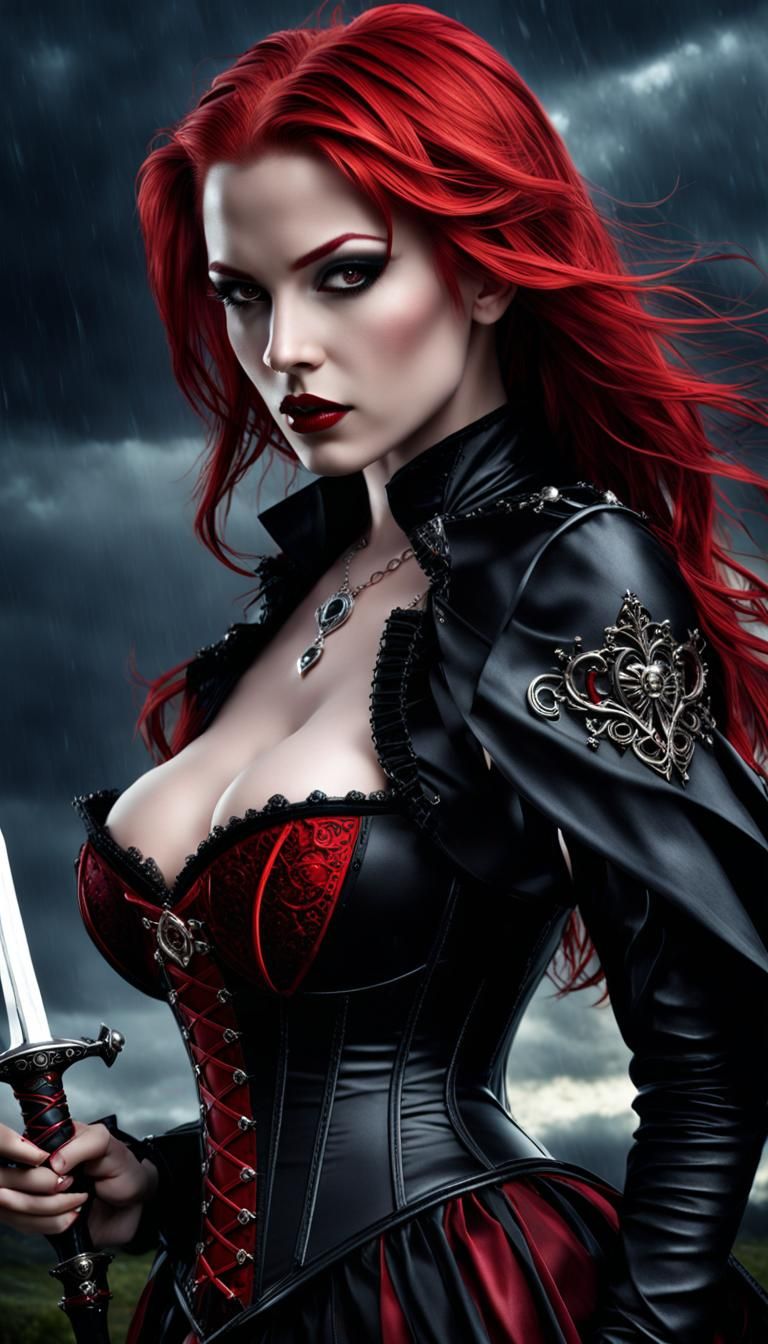 Redhead Vampire with Sword in Rainy Gothic Scene