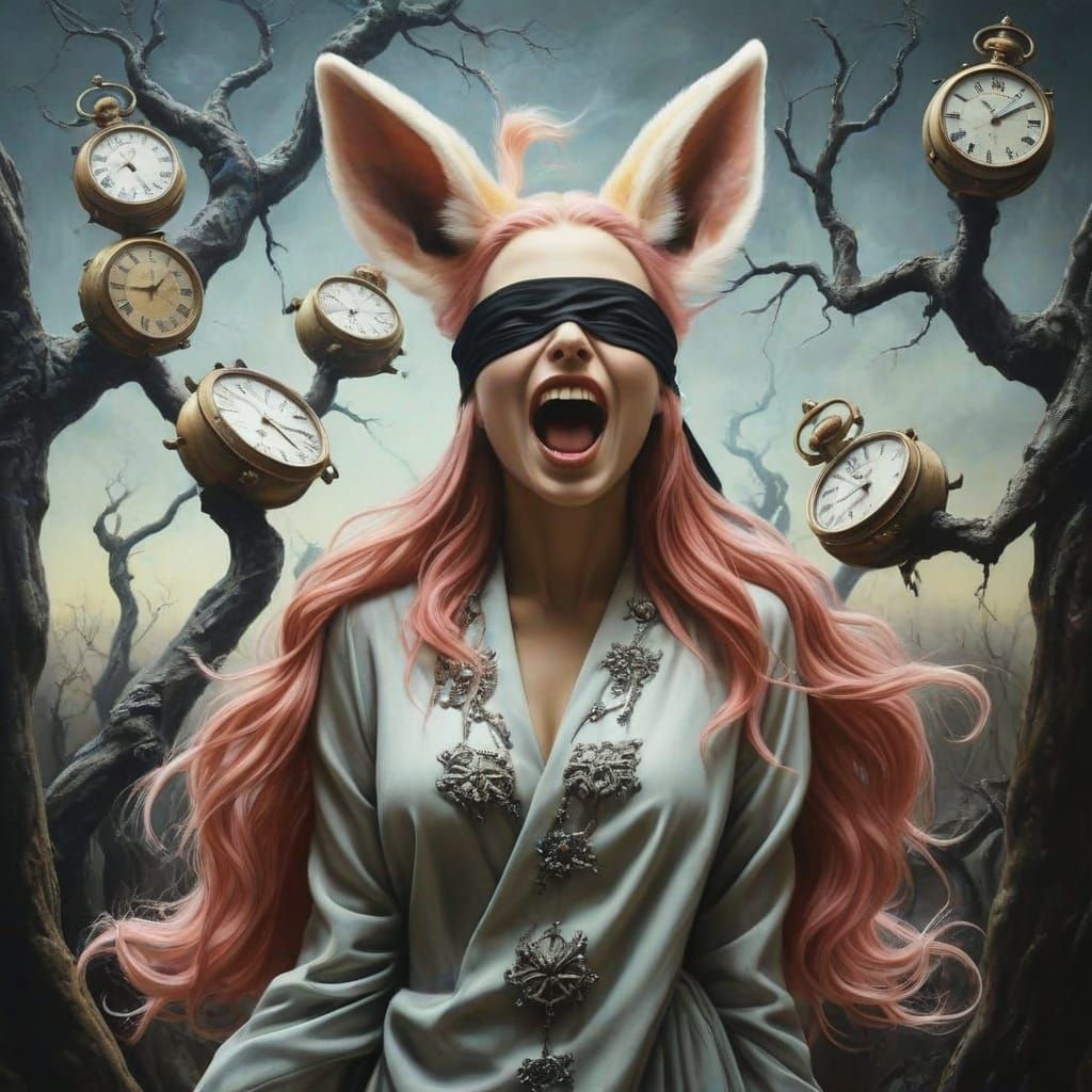 Surreal Clock Tree Landscape in Impasto Acrylic Style