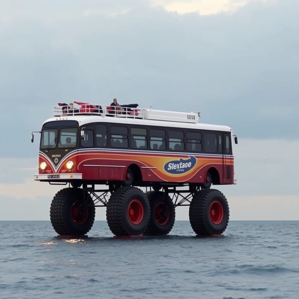 Gigantic Bus on Elevated Wheels Approaching the Ocean's Edge