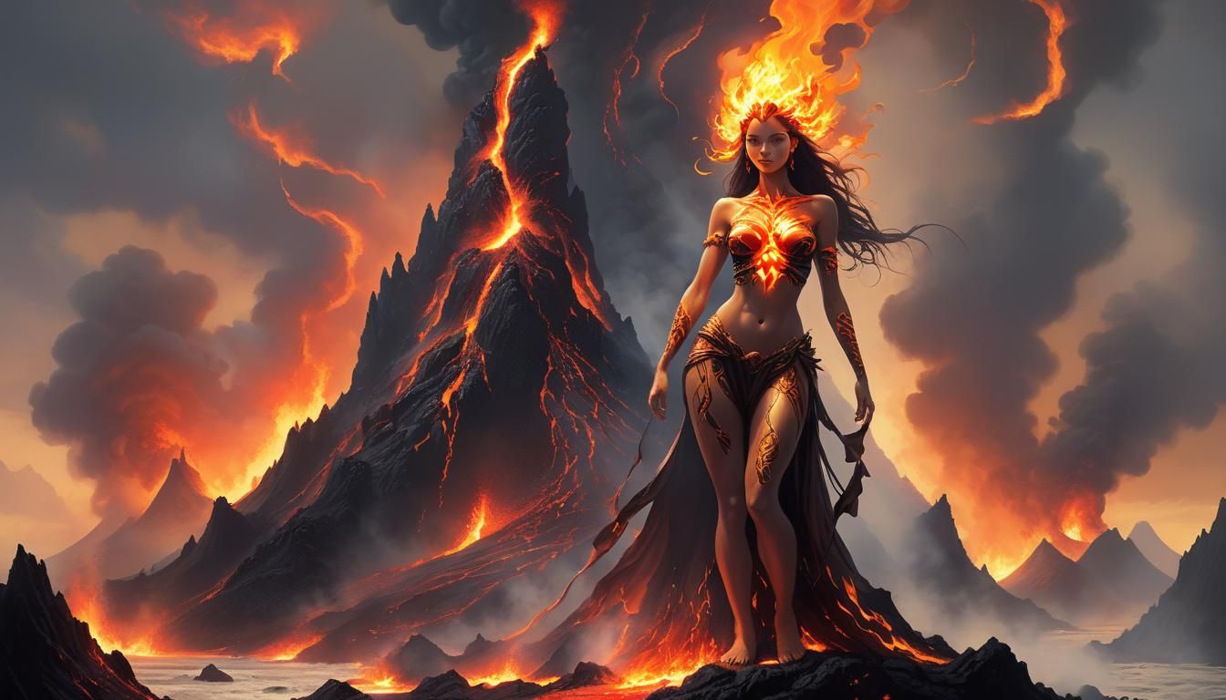 Lava Goddess on Volcano in Fantasy Art Style