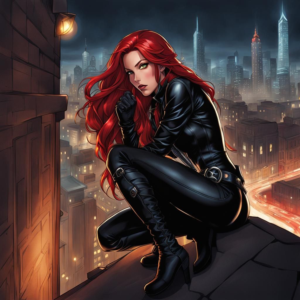 Female Rogue in Black Leather Suit Crouching