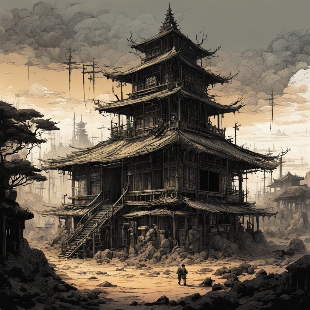 Mysterious Pagoda in Wasteland Punk Fantasy Landscape
