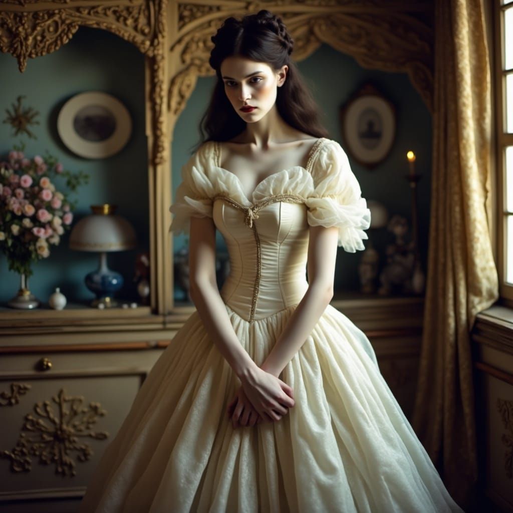 Elegant Young Woman in 19th-Century Aristocratic Interior