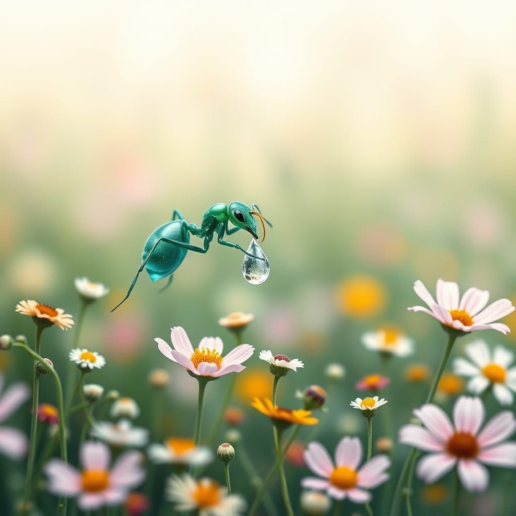 Bioluminescent Jade Ant in Serene Wildflower Landscape