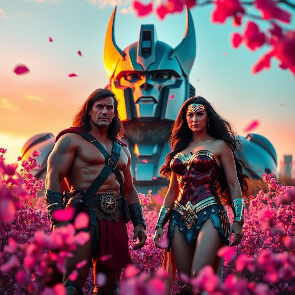 Conan and Wonder Woman with Megatron Statue
