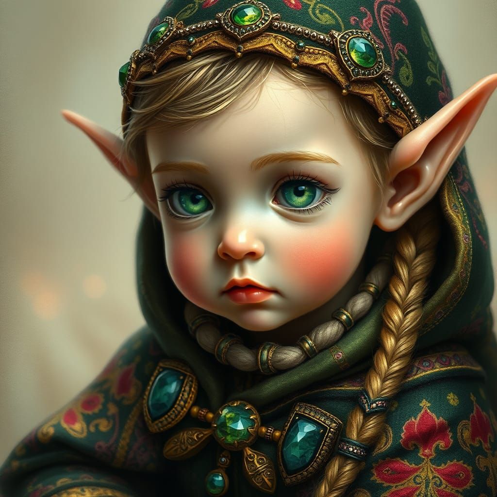 Hyperrealistic Baby Elf Portrait in Folk Art Style