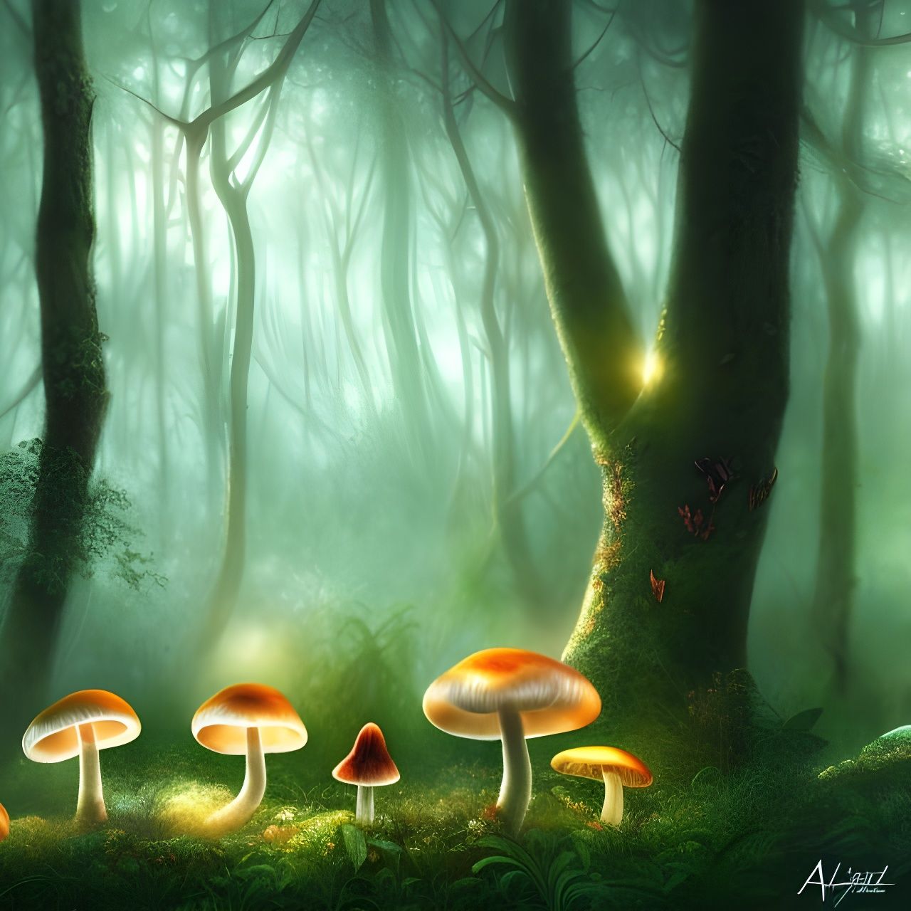 Magic Mushrooms in Dreamy Forest, Digital Art