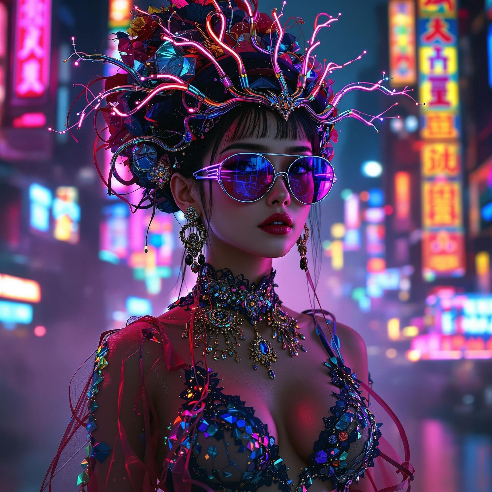 Ethereal Asian Goddess in Neon Futurism
