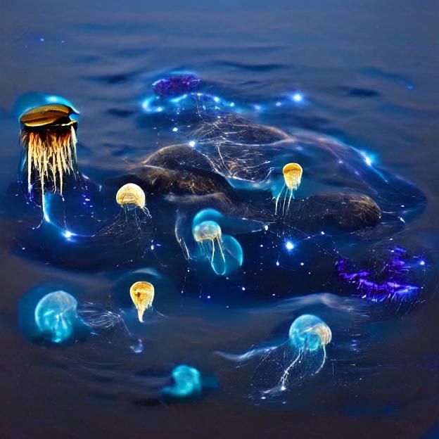 Bioluminescent Jellyfish Floating in Starry Night Sky
