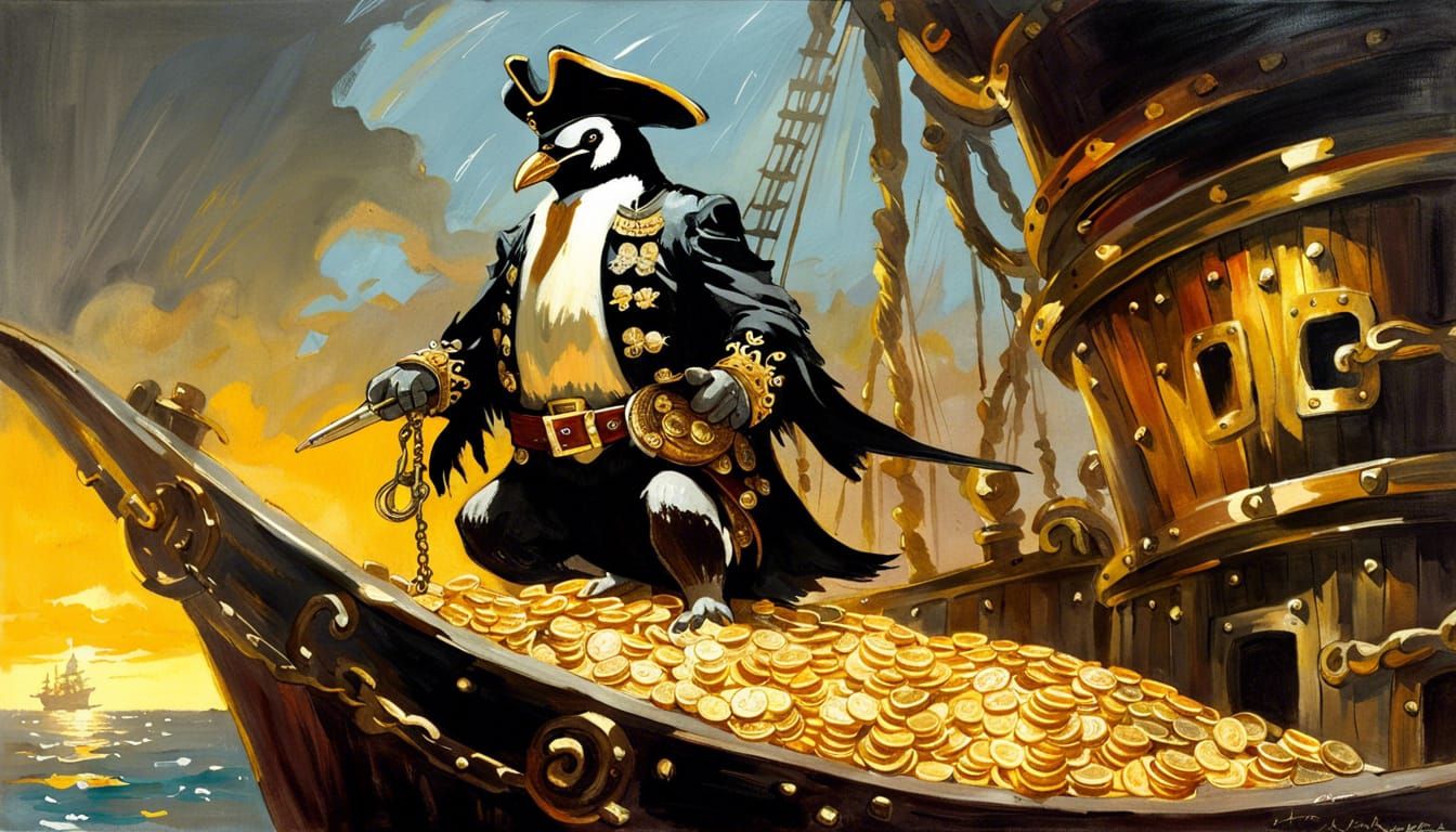 Penguin Pirate on Gold Coin Ship in Oil Paint