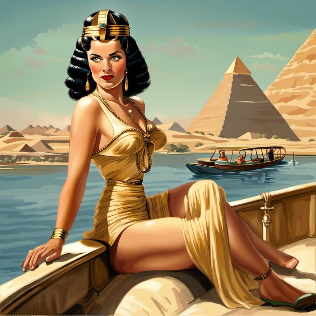 Cleopatra Oversees Pyramids in 1940s Pin-Up Style