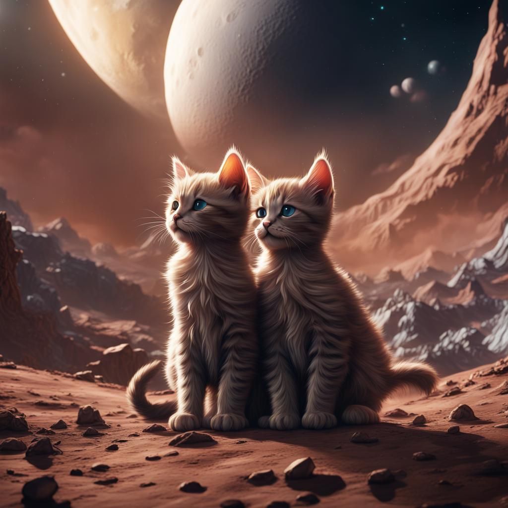 Fantastical Kittens Explore the Moon: Digital Art