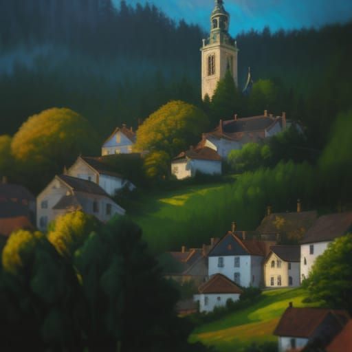 Baroque Tree and Village in Impasto Style