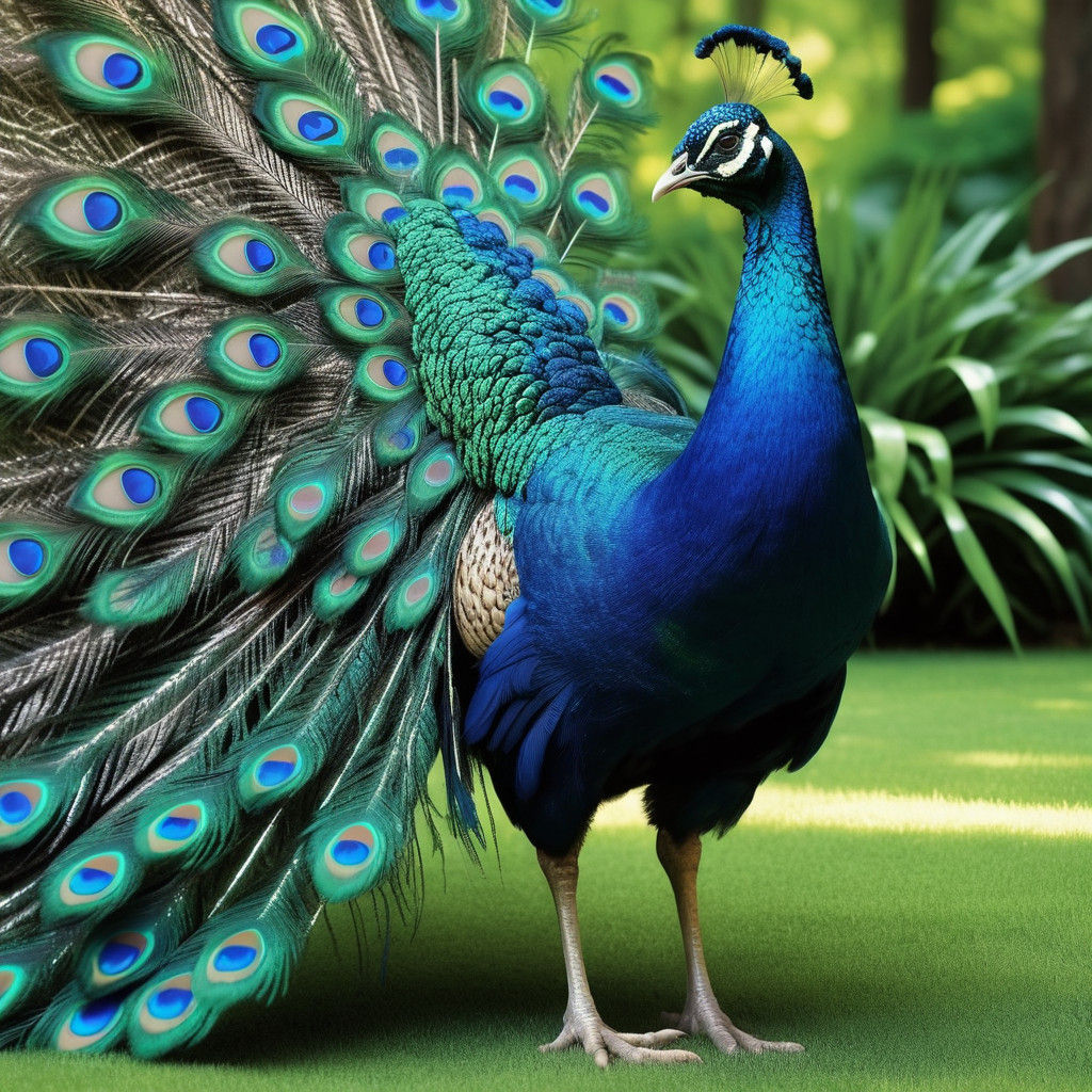 Majestic Peacock Confronts Humble Chicken in Vibrant Garden