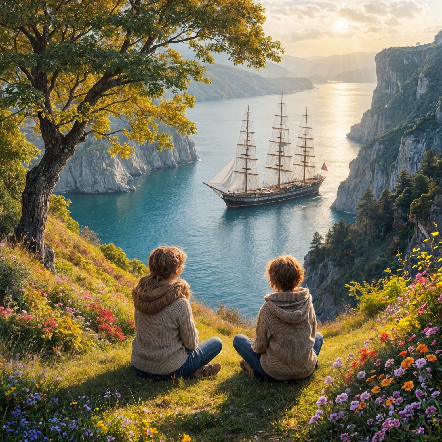 Children's Dreamy Sunset Scene with Sailing Ship