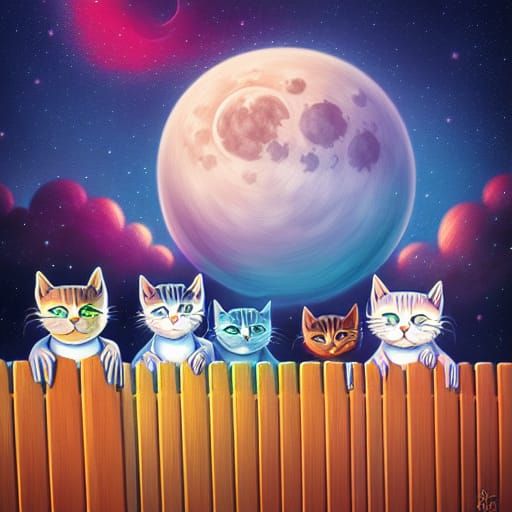 Cats on Fence Under Nebula Sky
