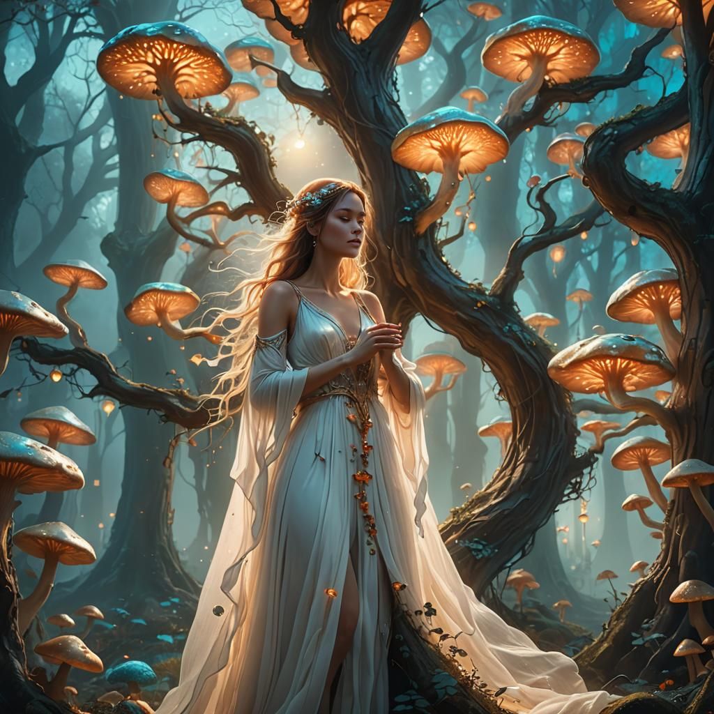 Woman Embracing Tree in Fantasy Landscape