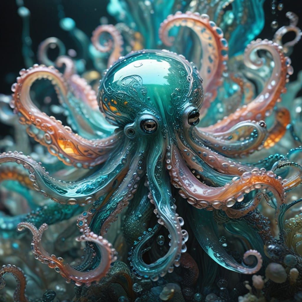 Surreal Glass Octopus Emerge from Reef in Abstract Expressio...