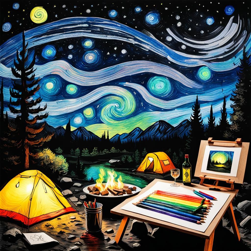 Camping Under Starry Night, Surreal Crayon Art
