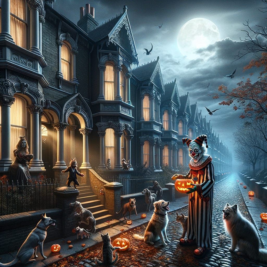 Halloween Victorian Gothic Scene with Masked Clown and Costu...
