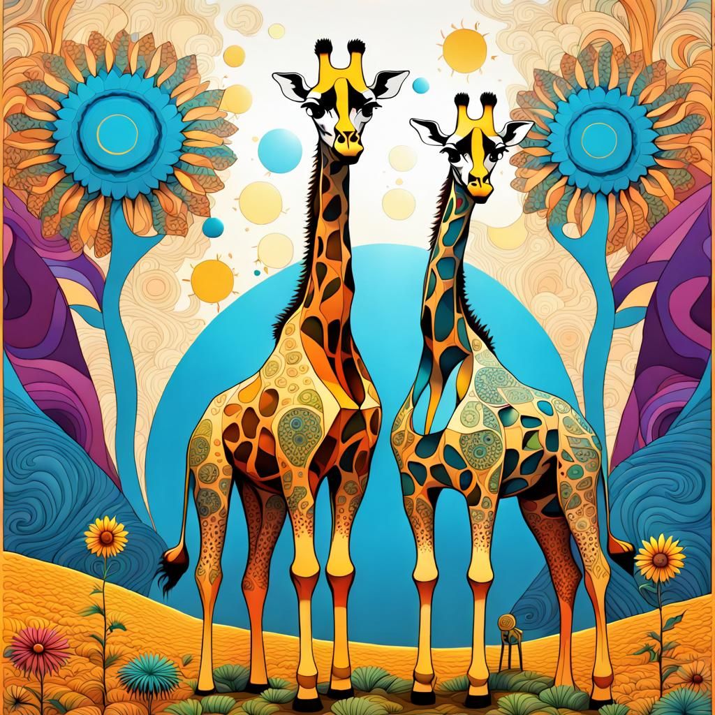 Colorful Sunflower Giraffes in Neo-Primitivism Style