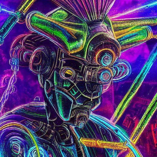 Futuristic Robot Head in Neon Noir Oil Painting