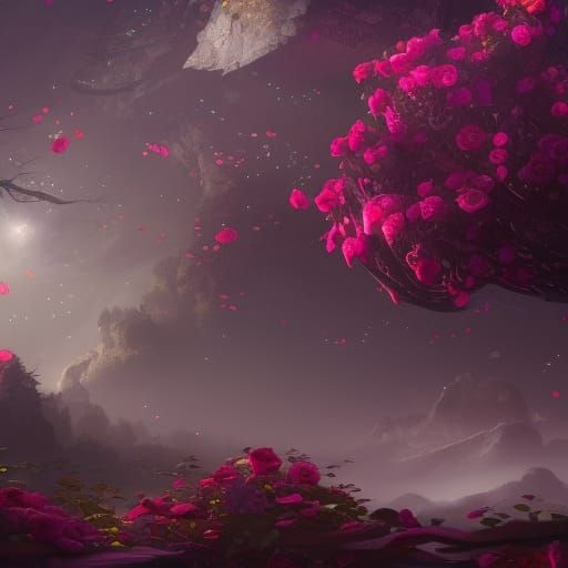 Rose Meadow Under Stars: Detailed Matte Painting