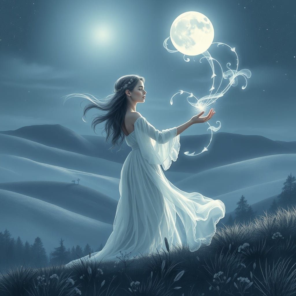 Whimsical Moonlit Enchantress Weaves Mystical Magic
