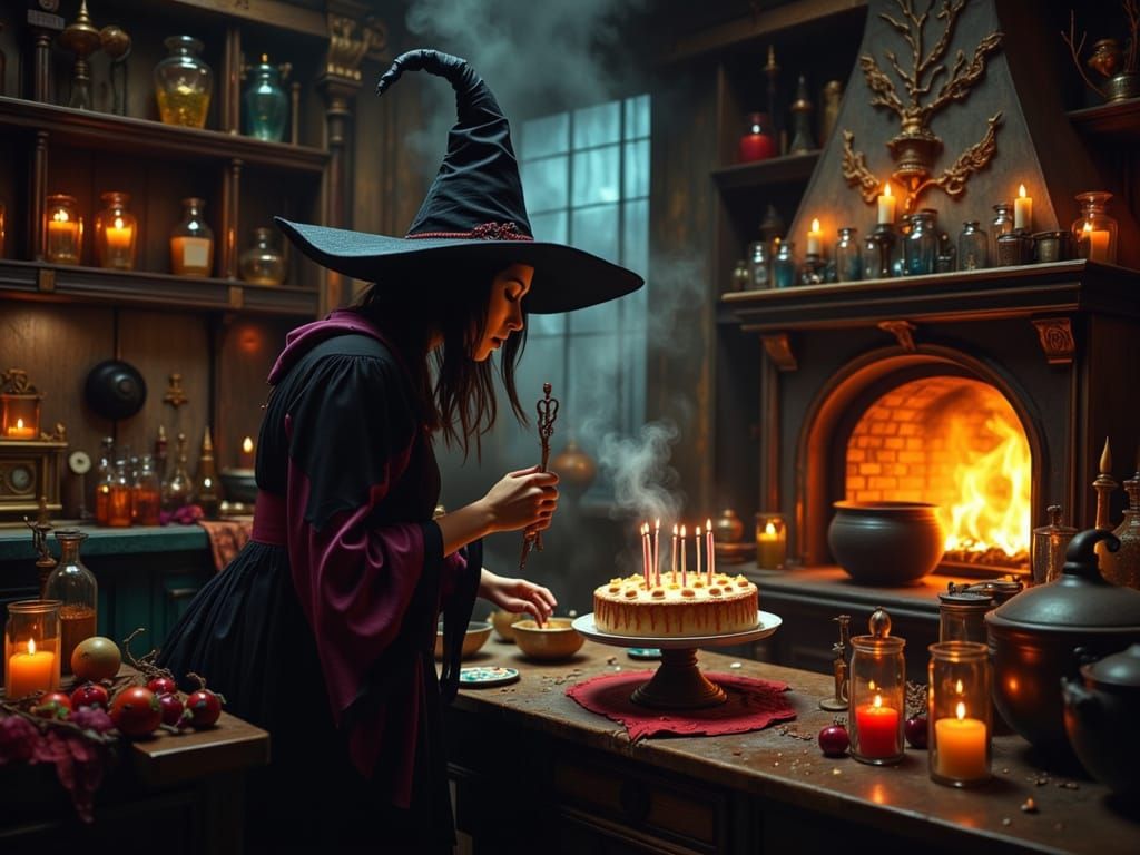 Witch Baking Birthday Cake in Gothic Kitchen