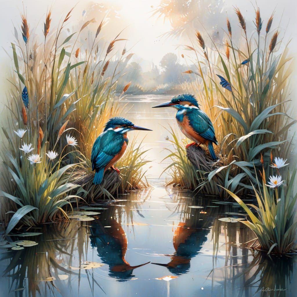 Kingfishers in Reeds: Watercolor Painting with Ethereal Glow