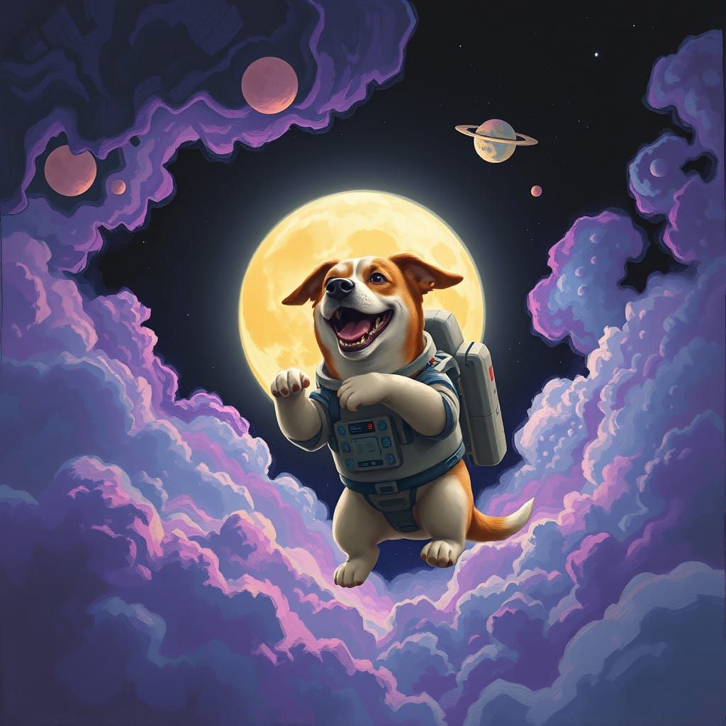Whimsical Dog in Space: Dreamlike Surrealist Scene