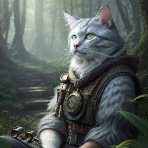 Binocular-Eyed Cat in Mystical Forest Concept Art