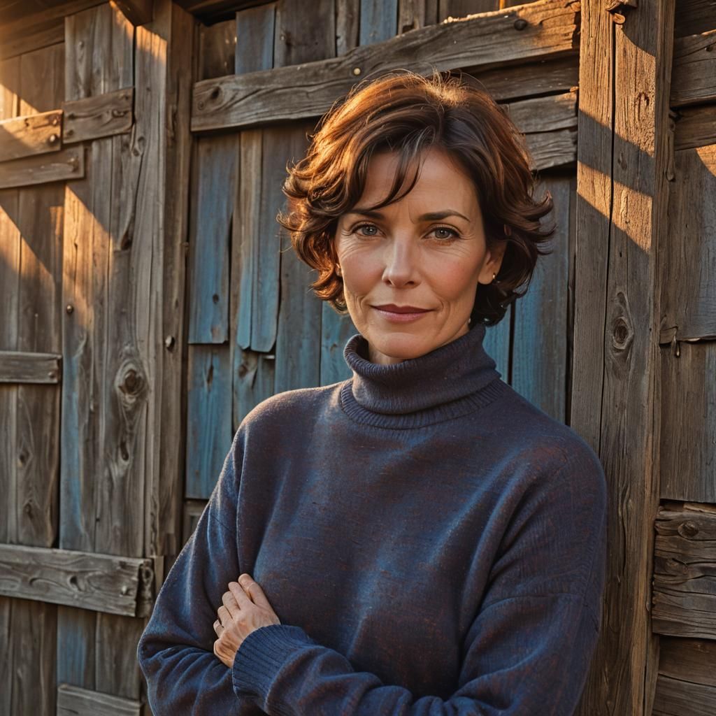 Brunette in Blue Turtleneck at Sunset, Warm Lighting