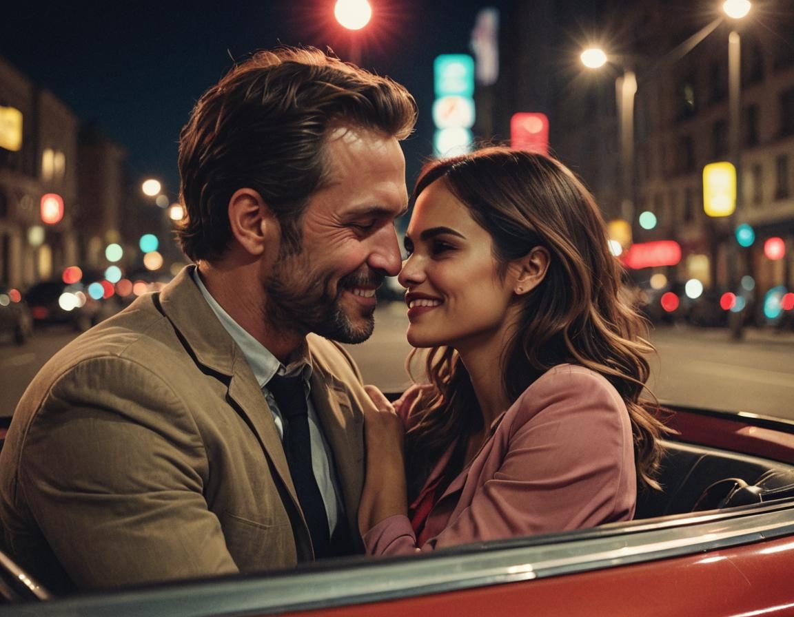 Romantic Film Still of Couple Kissing in Car