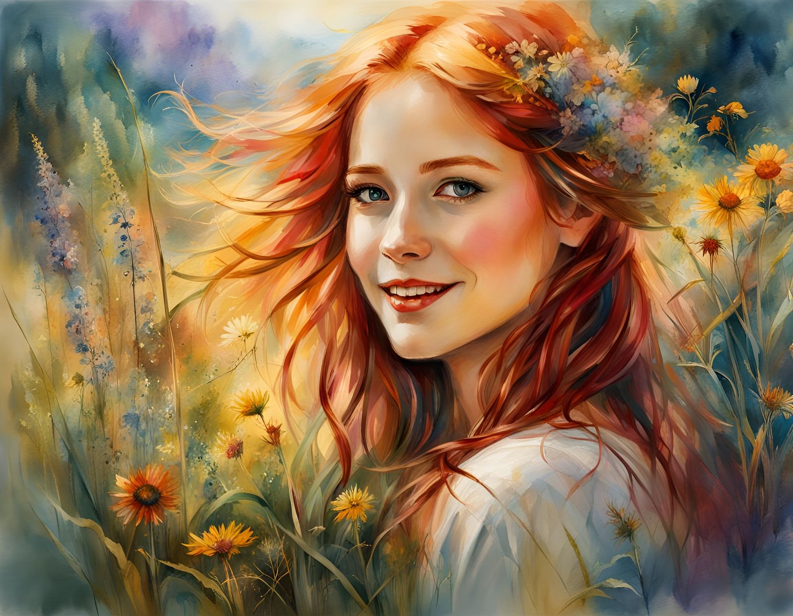 Smiling Girl in Dreamy Watercolor Landscape