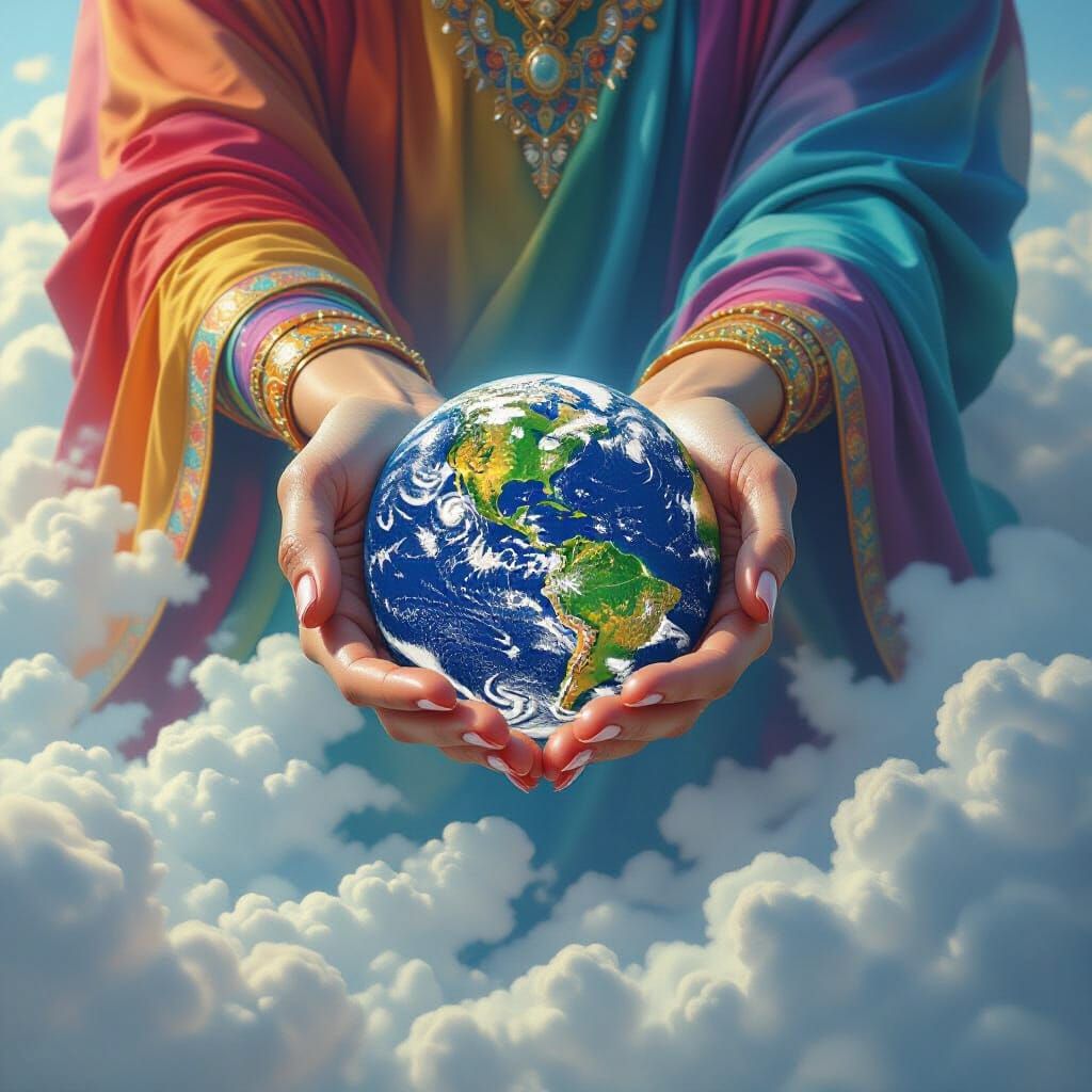 Rainbow Hands Cradle Earth: Fantasy Matte Painting