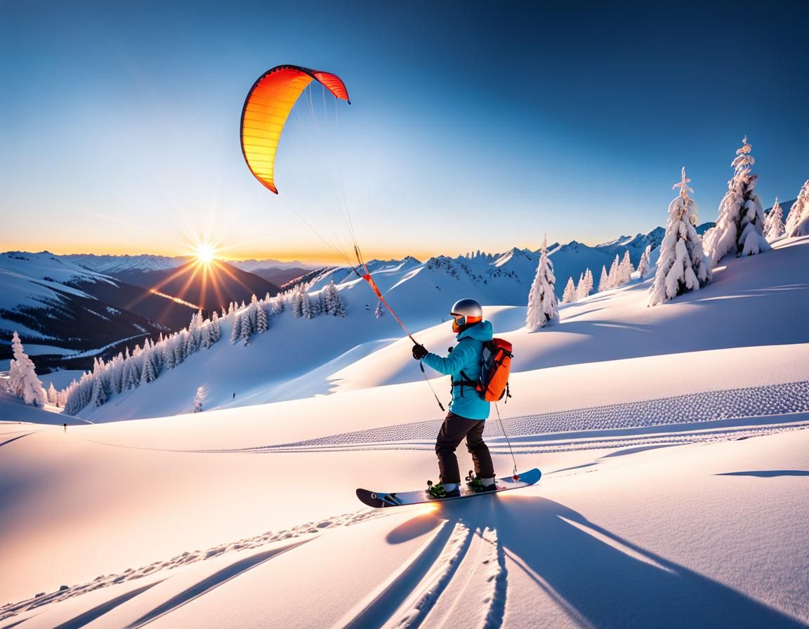 Snowboarder with Kite in Winter Landscape