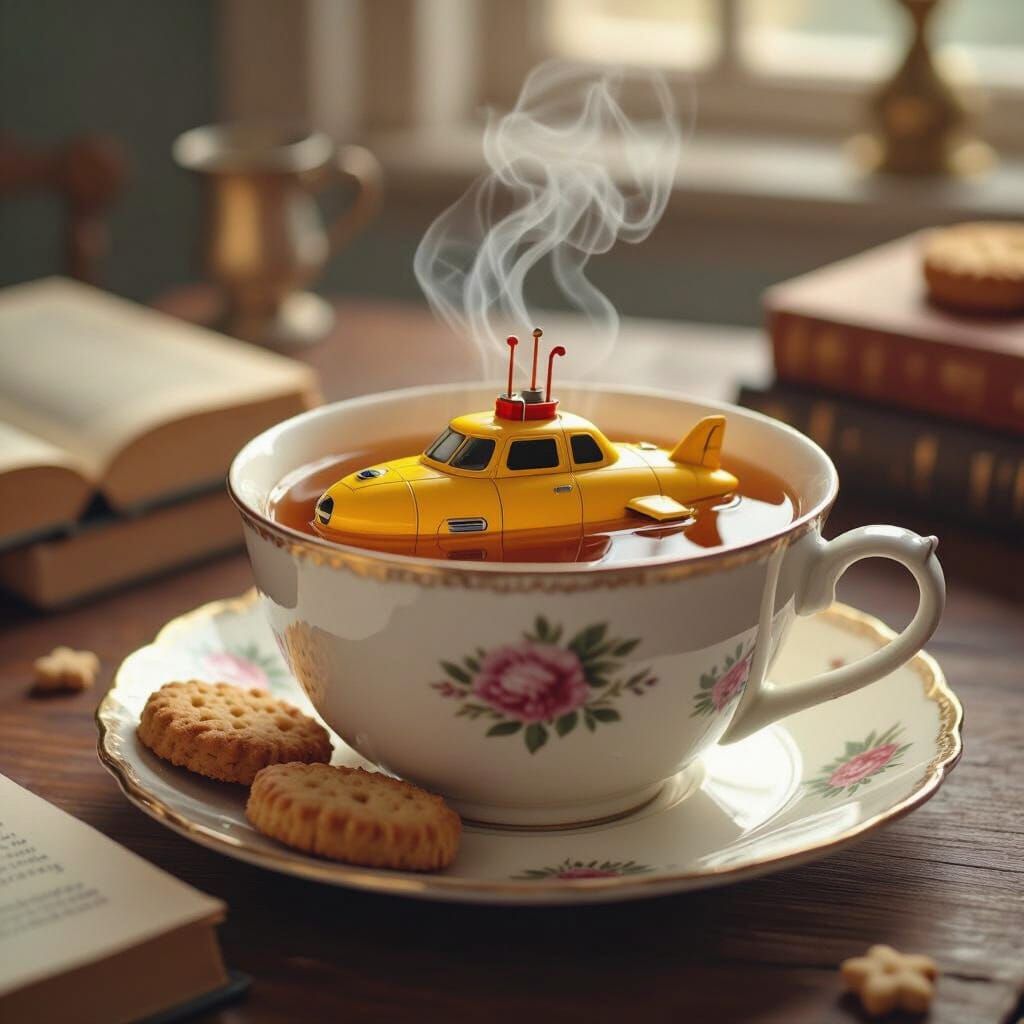 Tiny Submarine in Teacup: Surreal Dalí & Magritte Style