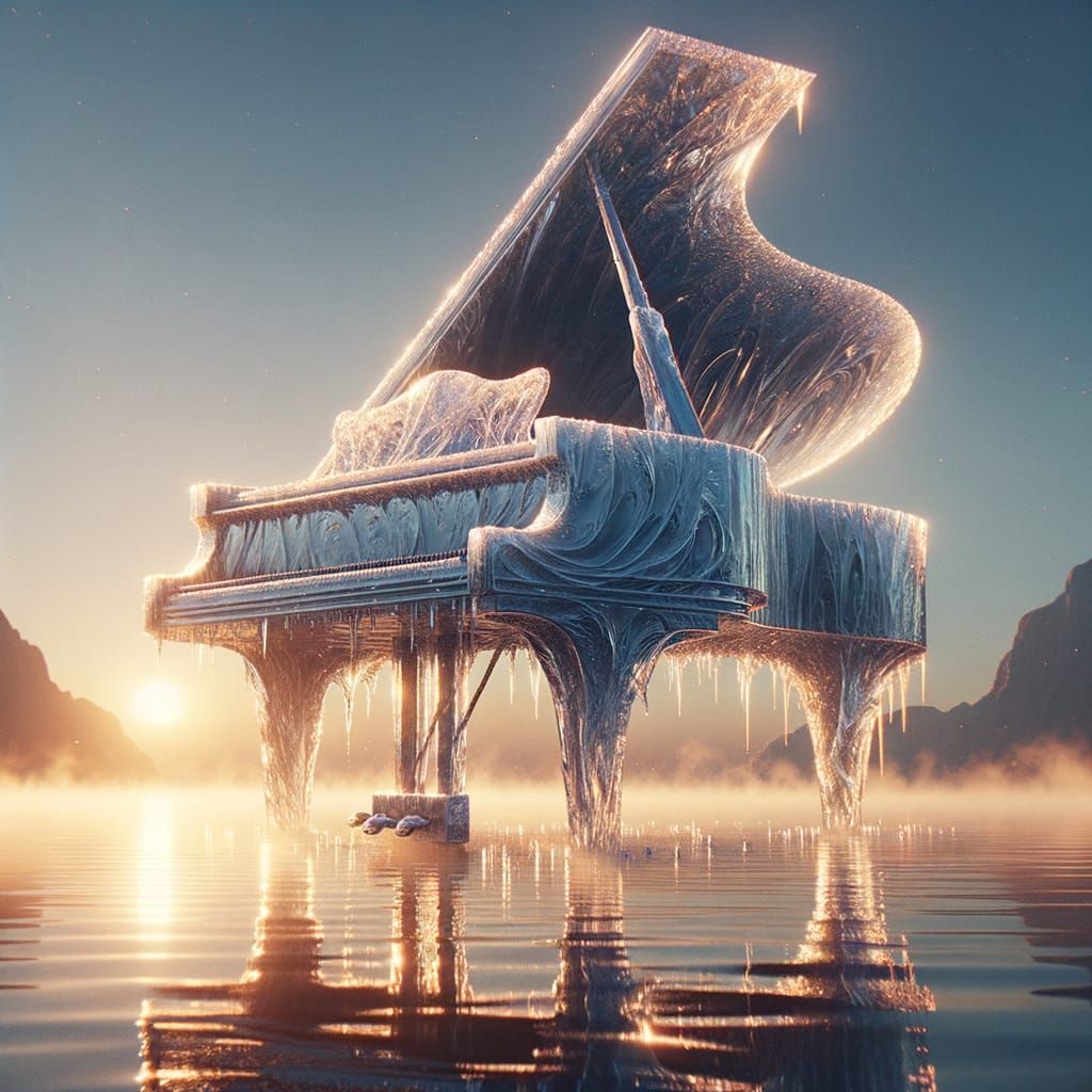 Water Grand Piano Floats Above Lake at Sunrise