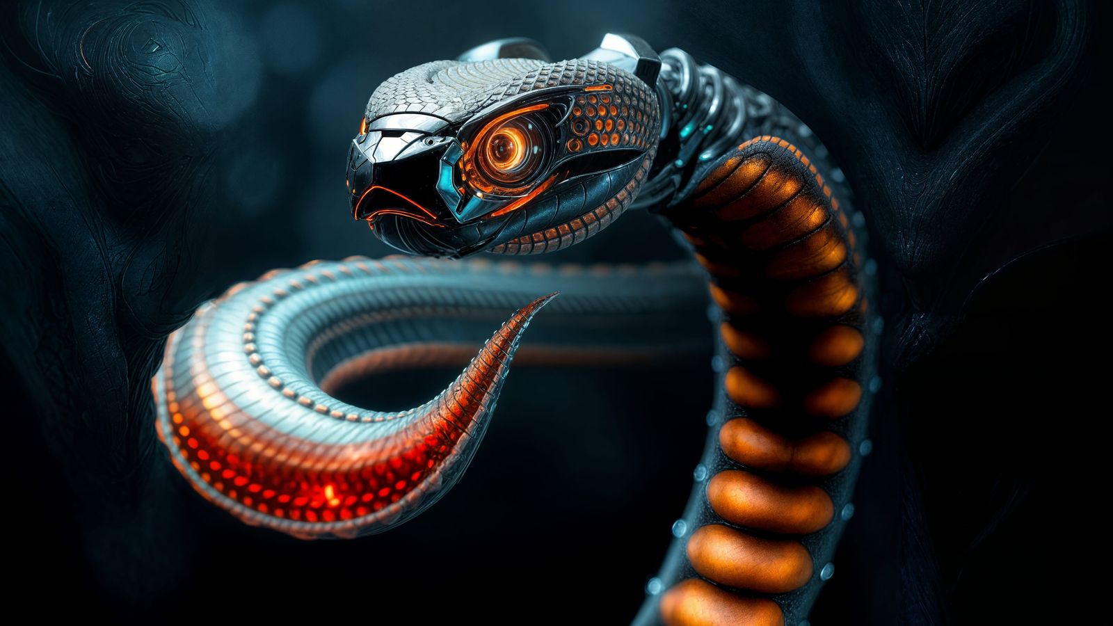 Cybernetic Cobra Emerges from Shadows in Hyper-Realistic Art