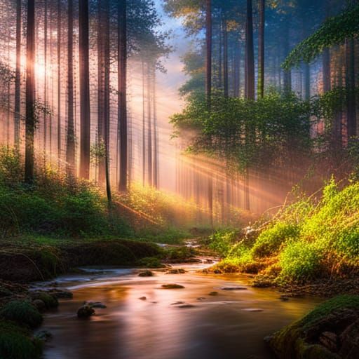 Photorealistic Sunset Forest with Sunbeams and Reflections