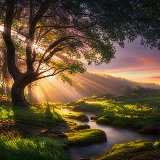 Photorealistic Sunset Forest with Sunbeams and Reflections