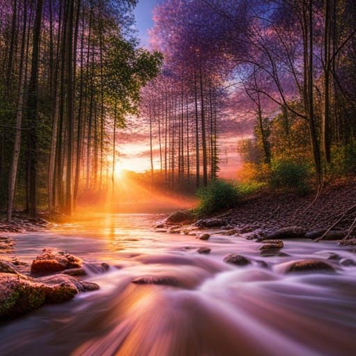 Photorealistic Sunset Forest with Sunbeams and Bokeh