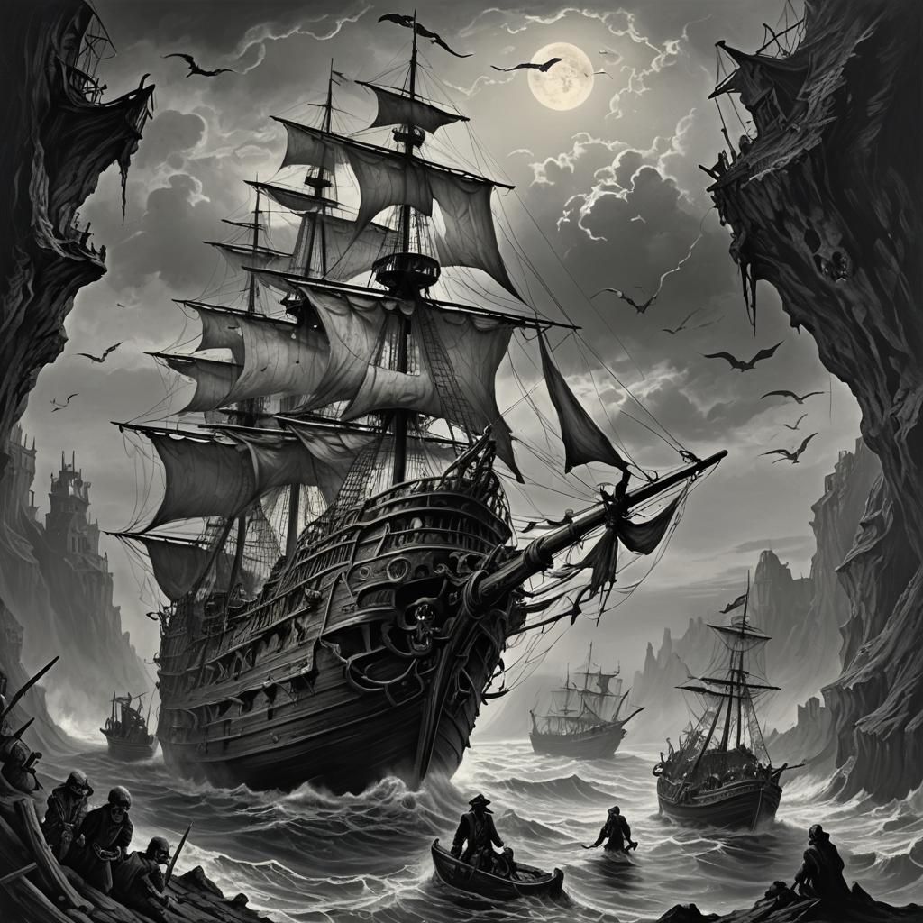 Horror Skeleton Pirate Ship Engraving