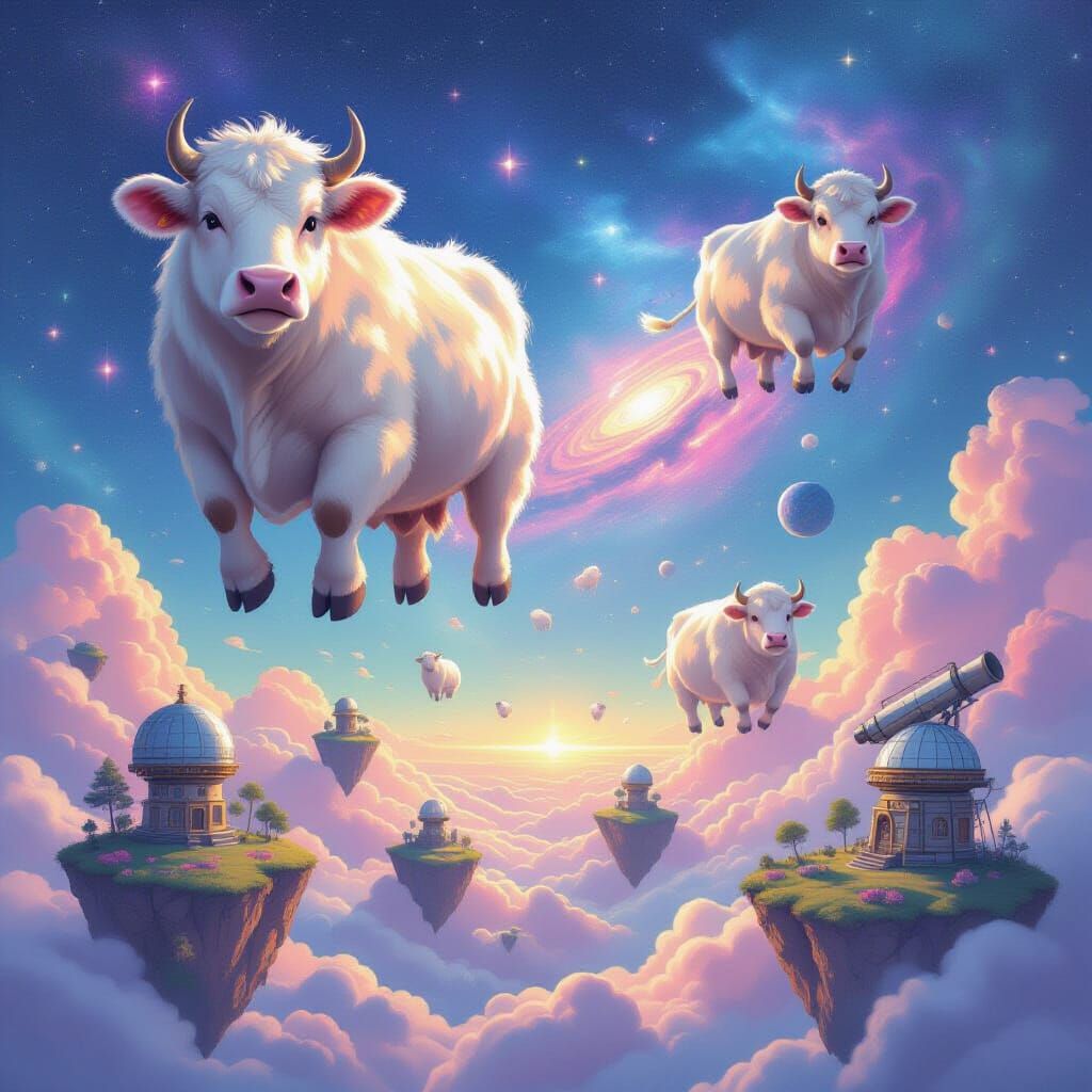 Giant Fluffy Cows Float Through Nebula Sky Over Island Obser...