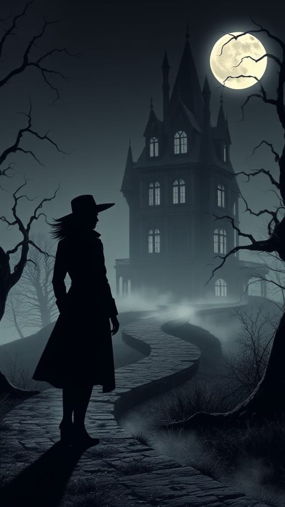 Mysterious Figure at Gothic Mansion in Pale Moonlight