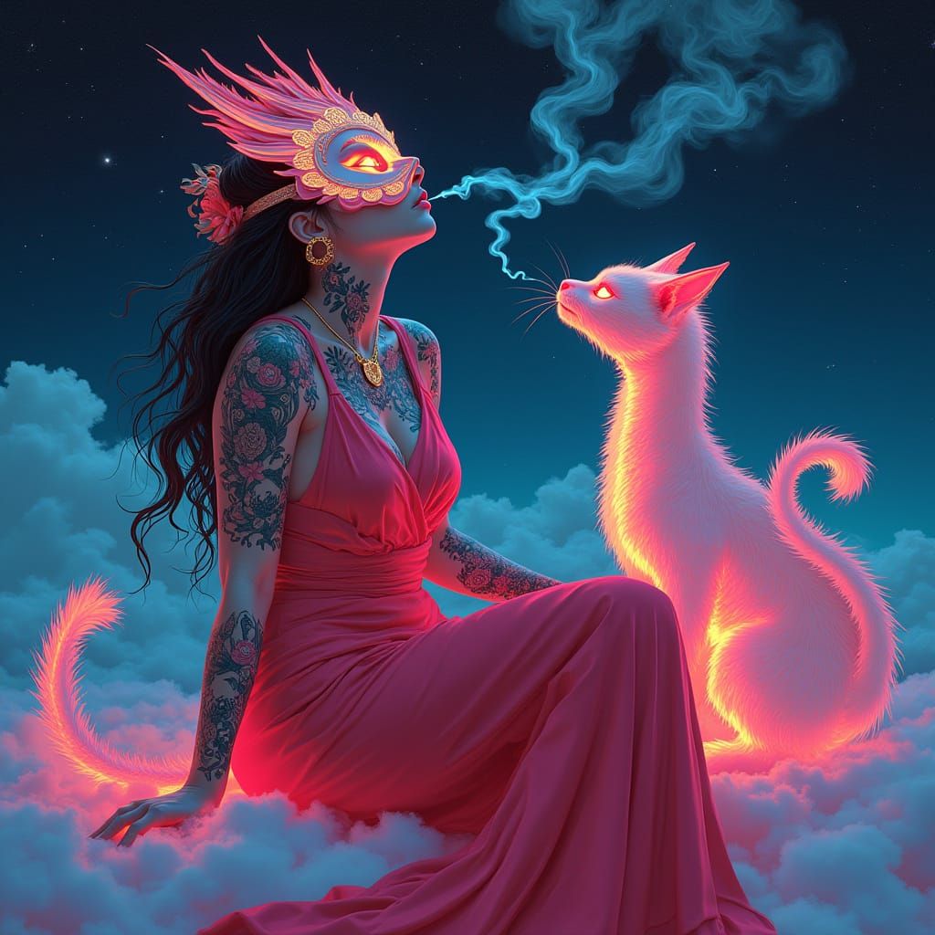 Woman in Mask with Dragon-Cat Under Neon Sky
